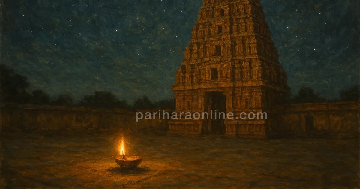Starry night sky above a temple tower with a small oil lamp glowing in the courtyard — vedic vs western astrology | pariharaonline.com