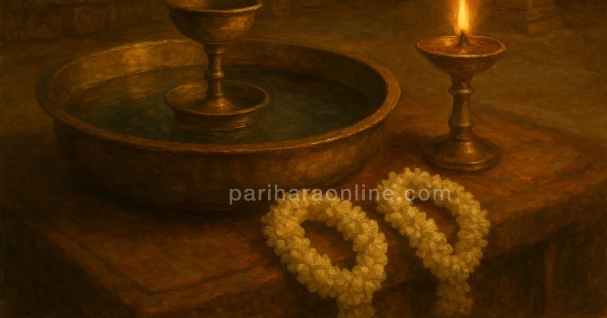 Brass water clock bowl beside a lamp and jasmine garlands in a wedding hall before dawn — what is muhurtham | pariharaonline.com