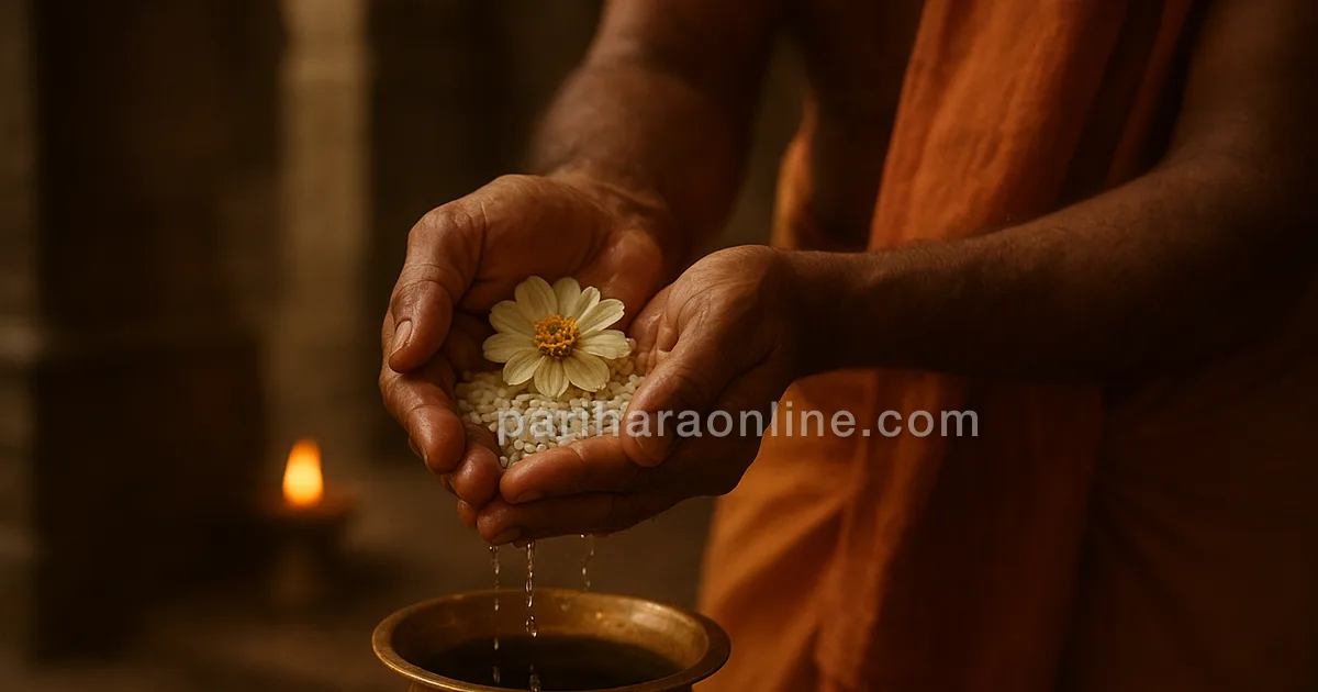 A priest's cupped hands holding water, rice and a flower for sankalpam before a puja — what is sankalpam | pariharaonline.com