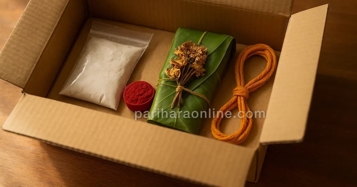 An opened parcel of temple prasadam with vibhuti, kumkum, a sacred thread and flowers | pariharaonline.com