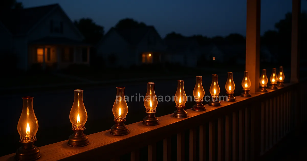 Oil lamps glowing along a porch railing under a dark new-moon sky in an American suburb — when is diwali in the usa | pariharaonline.com
