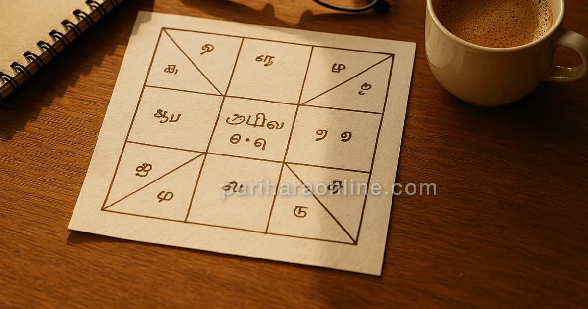 A hand-drawn South Indian horoscope chart beside reading glasses and filter coffee | pariharaonline.com