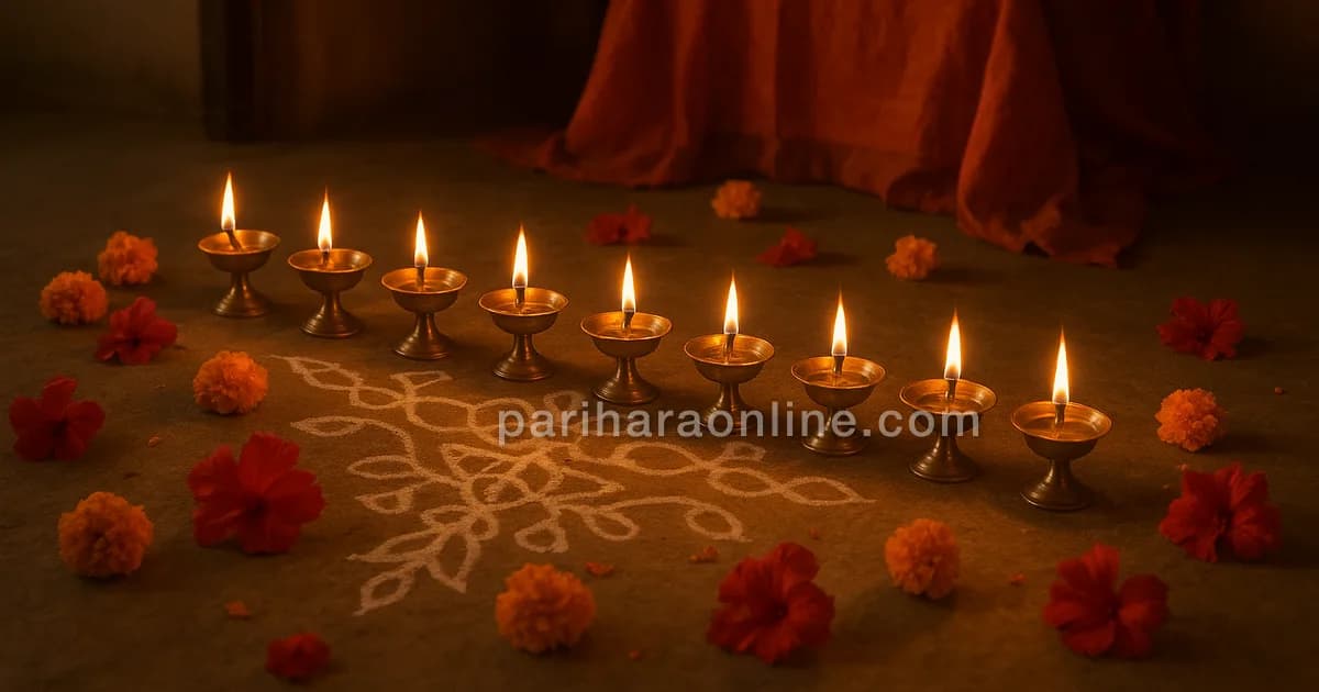 Nine brass oil lamps glowing in a row on a kolam floor with marigolds at dusk — why navratri is nine nights | pariharaonline.com
