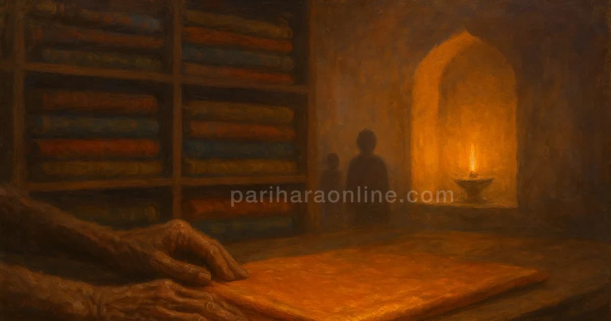 Hands folding silk on an old cloth shop counter beside a lamp, a picture of work is worship meaning | pariharaonline.com