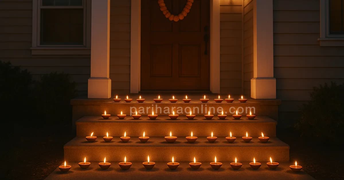 Clay oil lamps lit on the steps of a suburban American home at dusk for Diwali — how to celebrate diwali in the usa | pariharaonline.com