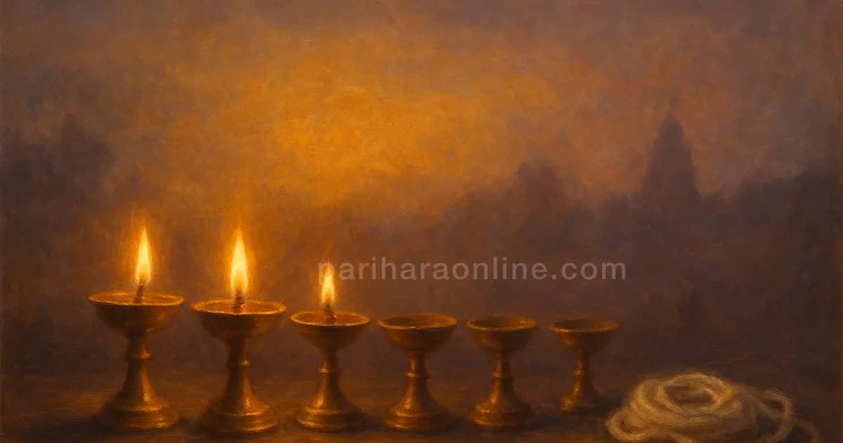 Nine brass lamps in a row, some lit and some waiting, a picture of vimshottari dasha explained | pariharaonline.com