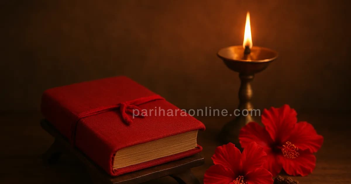 Open prayer book on a wooden stand beside a brass lamp, red hibiscus and prayer beads — durga saptashati for beginners | pariharaonline.com