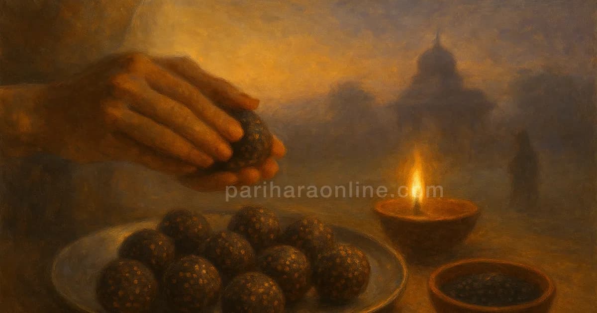 Hands rolling black sesame and jaggery balls beside a sesame oil lamp on a winter morning — ellu urundai recipe | pariharaonline.com