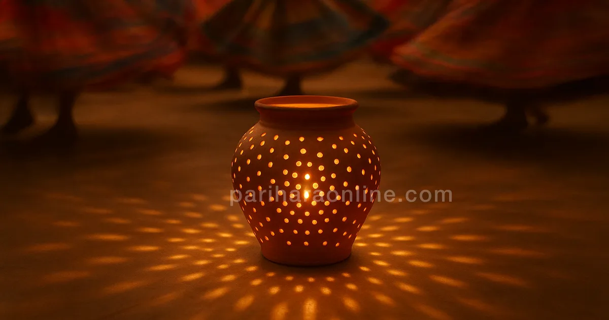 A perforated clay pot with a lamp inside at the centre of a swirling garba circle — garba meaning | pariharaonline.com