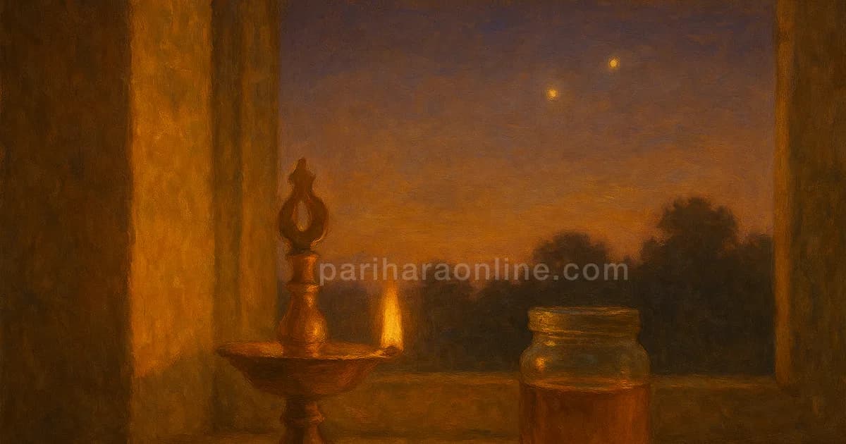 A lamp on a windowsill under a night sky with two bright planets, a calm view of gochara transit | pariharaonline.com