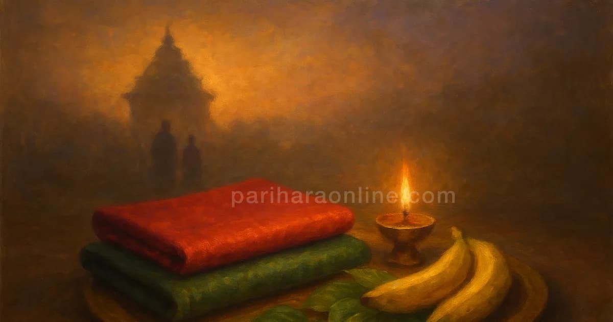 Silk cloths, betel leaves and a lamp on a brass plate, set out for horoscope matching porutham | pariharaonline.com