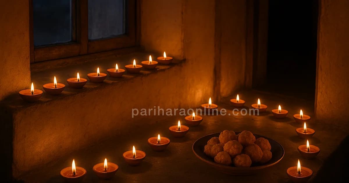 Rows of clay agal vilakku lamps glowing along a windowsill and doorway at dusk — karthigai deepam at home | pariharaonline.com