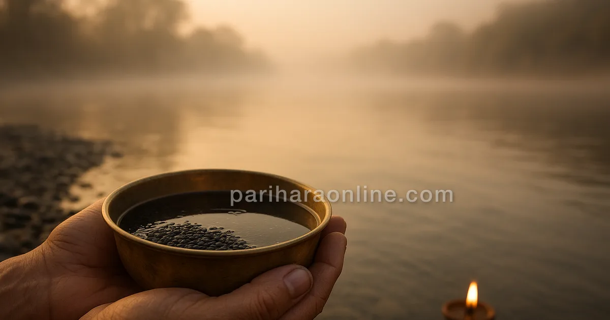 Hands holding a brass vessel of water and black sesame at a misty riverbank at dawn — pitru dosha | pariharaonline.com