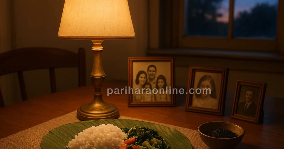 Banana leaf meal, brass lamp and black sesame beside old family photographs in a US kitchen — pitru paksha for nri | pariharaonline.com