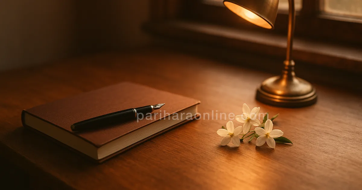 Study desk at dawn with an open notebook, pen, small brass lamp and jasmine flowers — prayer before exams | pariharaonline.com