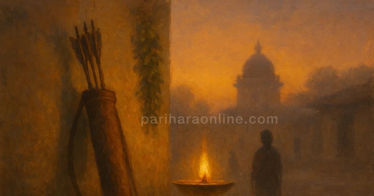 Quiver of arrows beside a brass lamp and tulsi garland, symbol of Punarvasu nakshatra, Rama's birth star | pariharaonline.com