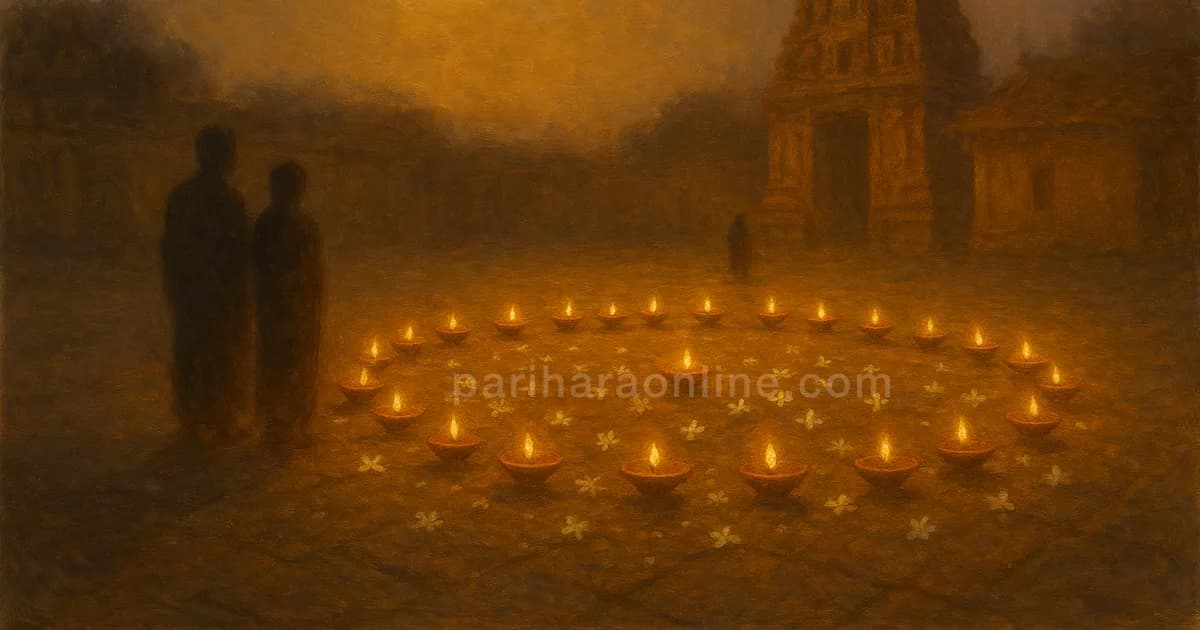Clay lamps in a circle under a crescent moon, picturing rasi vs nakshatra in the night sky | pariharaonline.com