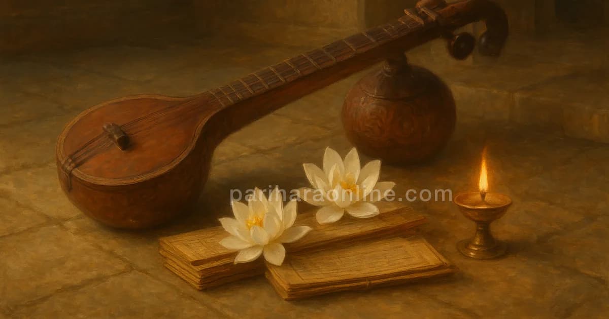 Veena resting beside palm-leaf manuscripts and white lotuses in warm lamp light — god of education hinduism | pariharaonline.com