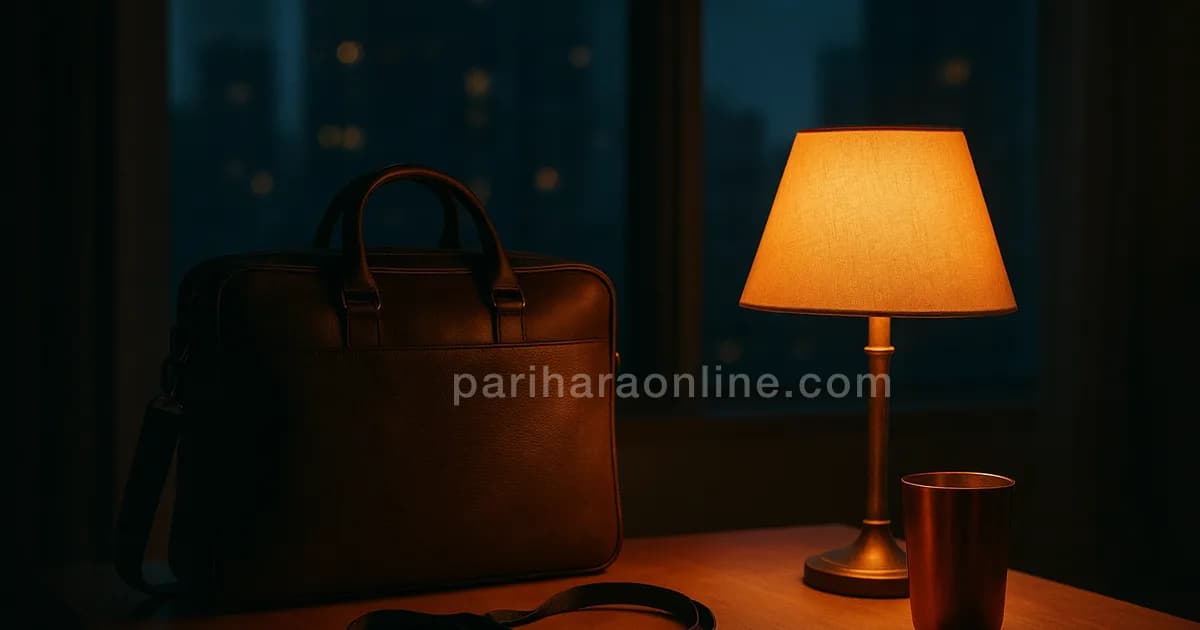 Work bag set beside a single lit lamp and copper tumbler in a dim apartment at night — shivaratri fasting for working people | pariharaonline.com