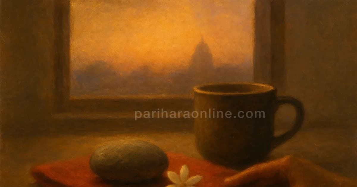 A smooth stone, red cloth and jasmine on an office desk, a simple desk altar at work | pariharaonline.com
