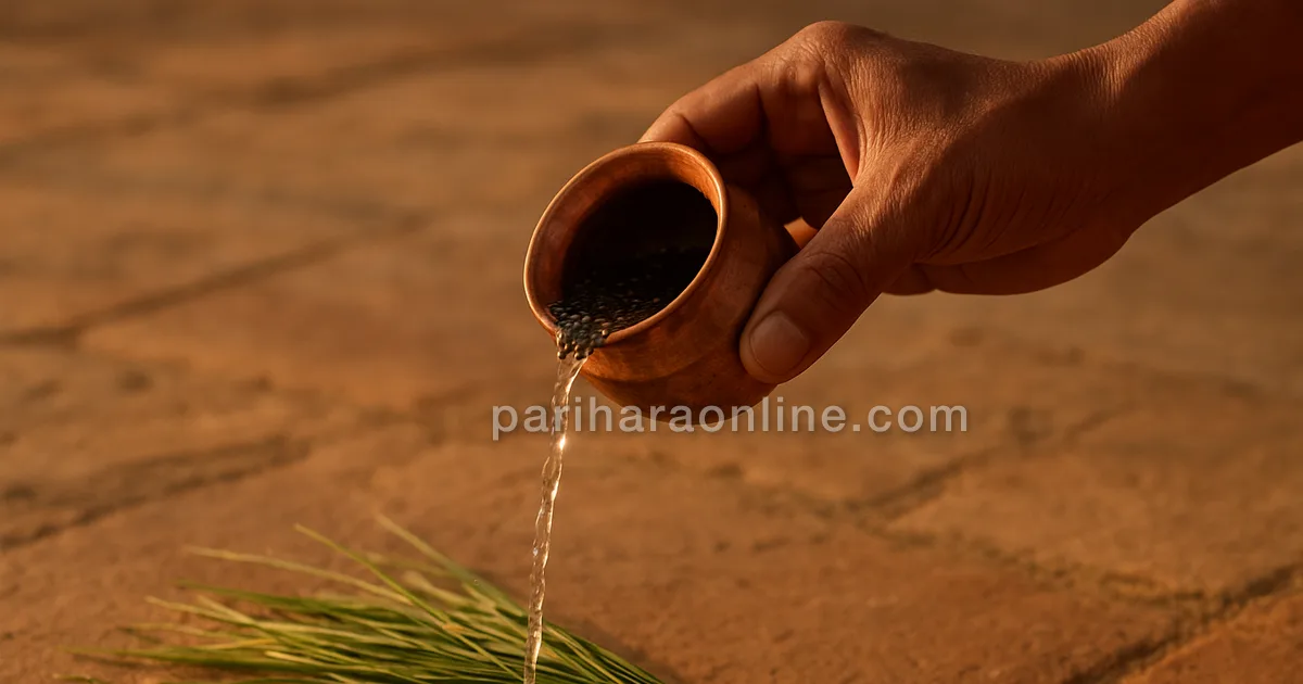 Hand pouring water with black sesame from a copper vessel onto darbha grass — tarpanam at home | pariharaonline.com