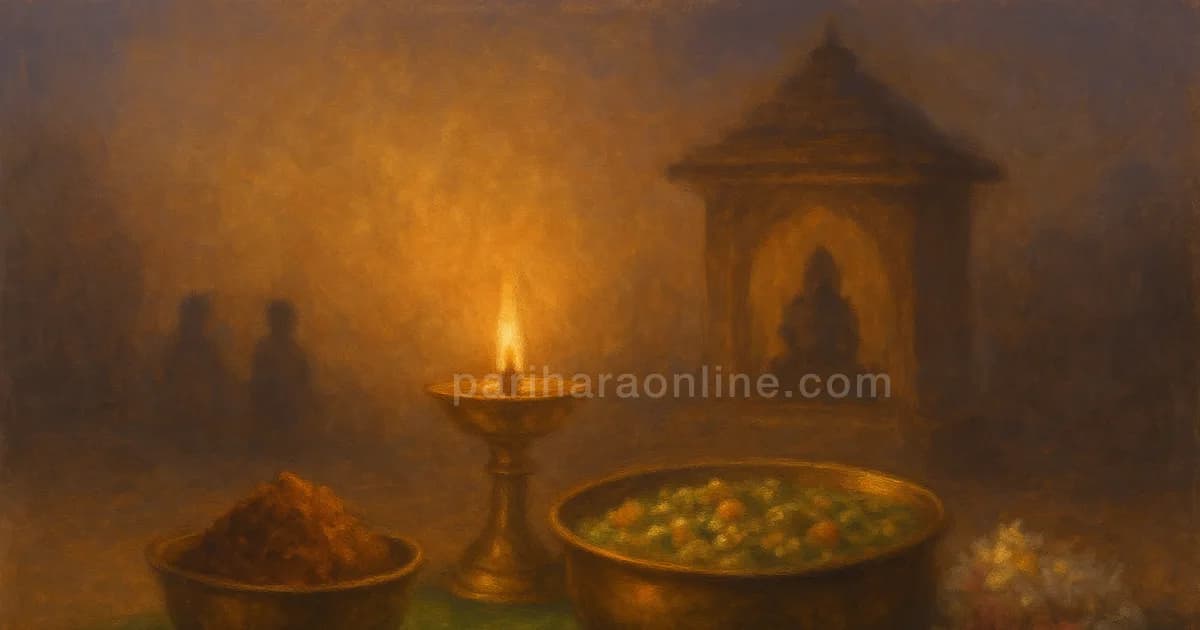 Brass vessel of jaggery kali and vegetable kootu on a banana leaf beside a lit lamp before dawn — thiruvathirai kali recipe | pariharaonline.com