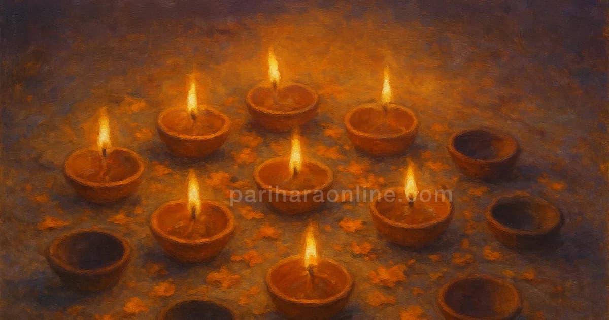 Twelve clay lamps in a square grid, some lit, picturing the 12 houses in Vedic astrology | pariharaonline.com
