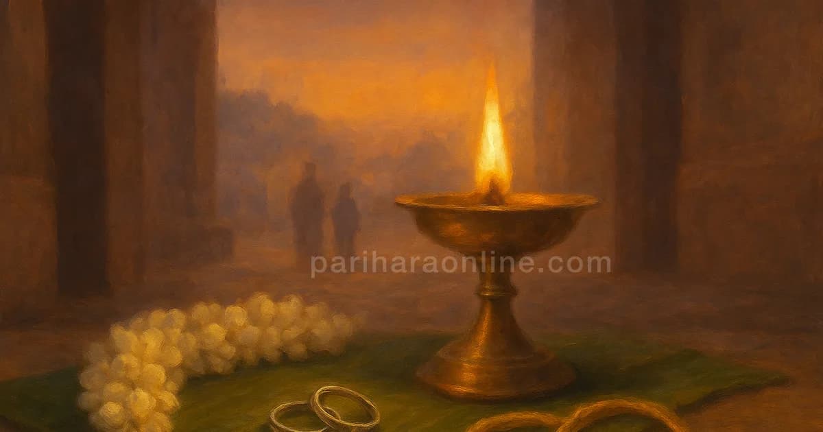Turmeric thread, silver toe rings and a lit lamp on a banana leaf, marriage symbols for Uttara Phalguni nakshatra | pariharaonline.com
