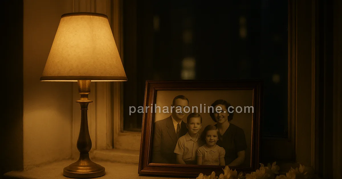 A single brass lamp and white flower garland beside a framed photo on an apartment windowsill at night — when a parent dies in india | pariharaonline.com