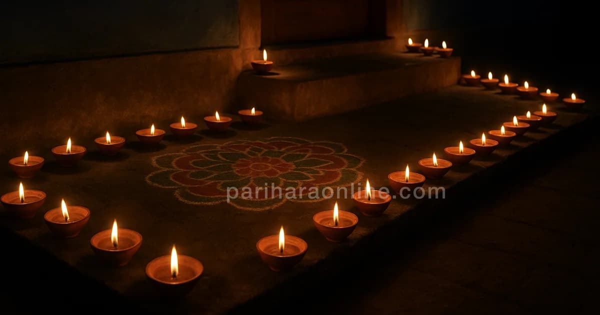 Rows of lit clay diyas on the steps and threshold of a traditional house on a dark night — why is diwali celebrated | pariharaonline.com