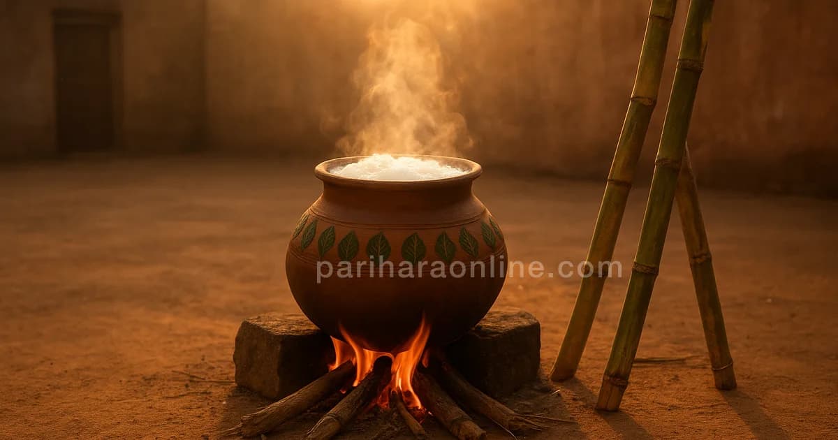 Clay pot boiling over with milk on a wood fire in a courtyard at sunrise, sugarcane beside it — why is pongal celebrated | pariharaonline.com